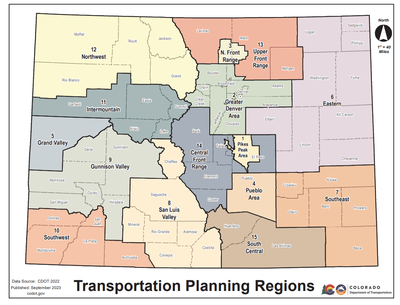 A map of the transportation planning regions of the state of Colorado