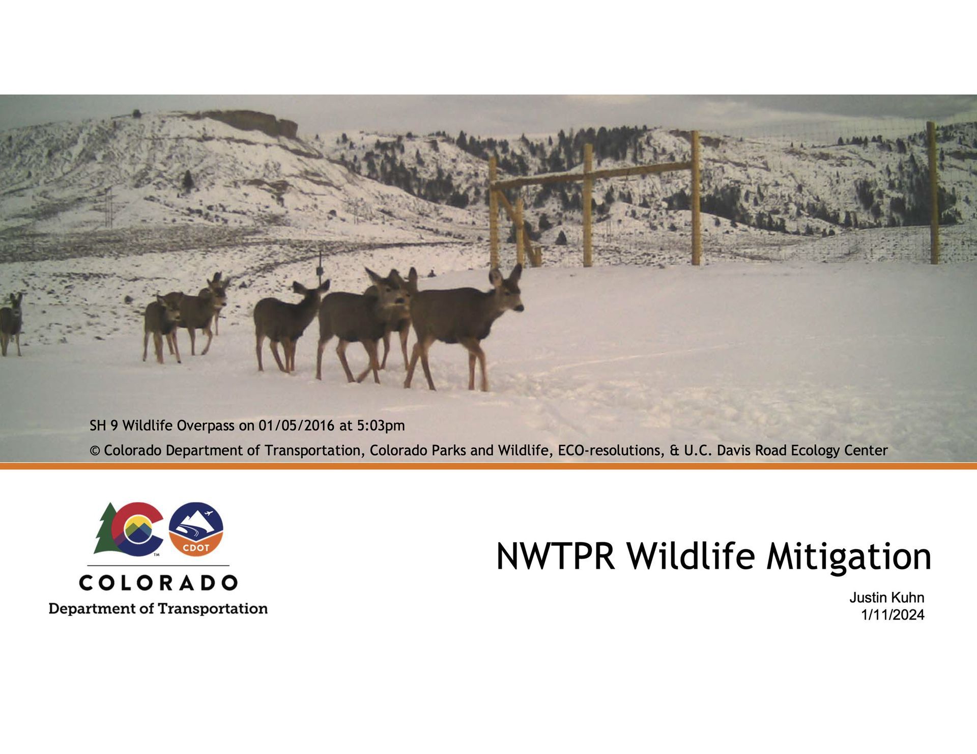 A poster for nwtpr wildlife mitigation shows a herd of deer in the snow