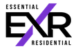Logo for Essential Residential with the black text "ESSENTIAL" and "RESIDENTIAL" flanking a stylized black and purple "EXR".