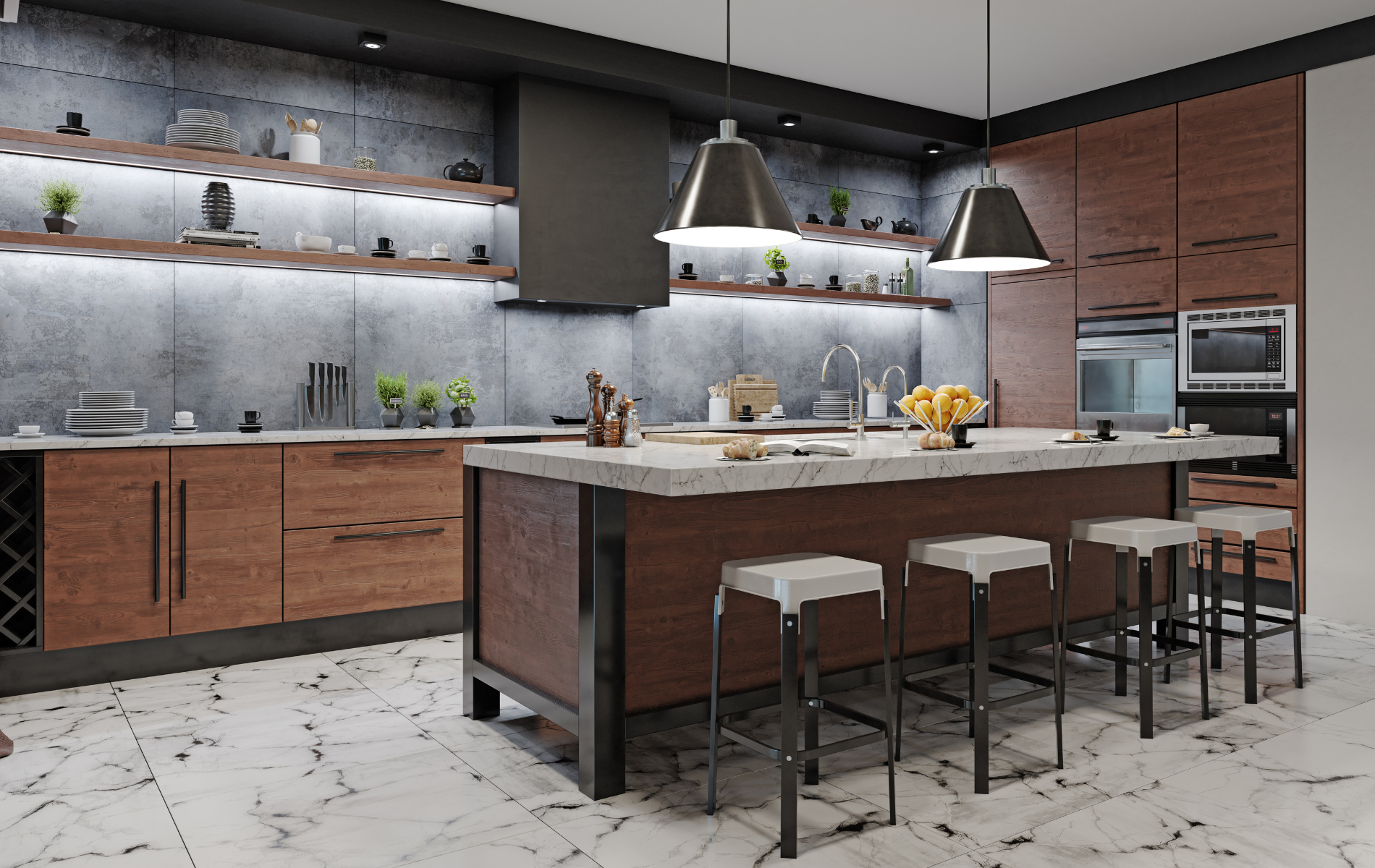 A kitchen with a large island and stools