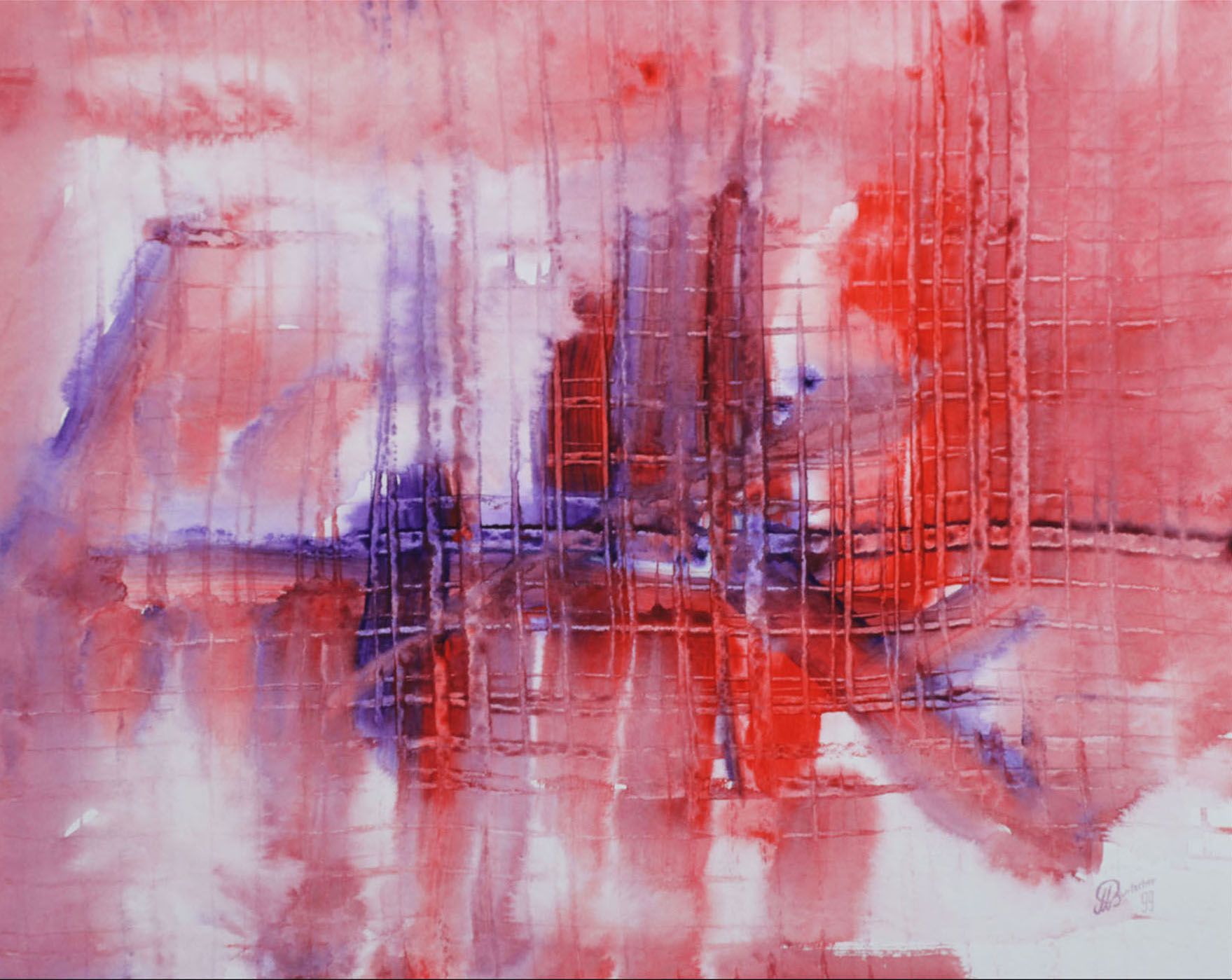Eine Nahaufnahme eines rot-violetten abstrakten Gemäldes auf weißem Hintergrund.