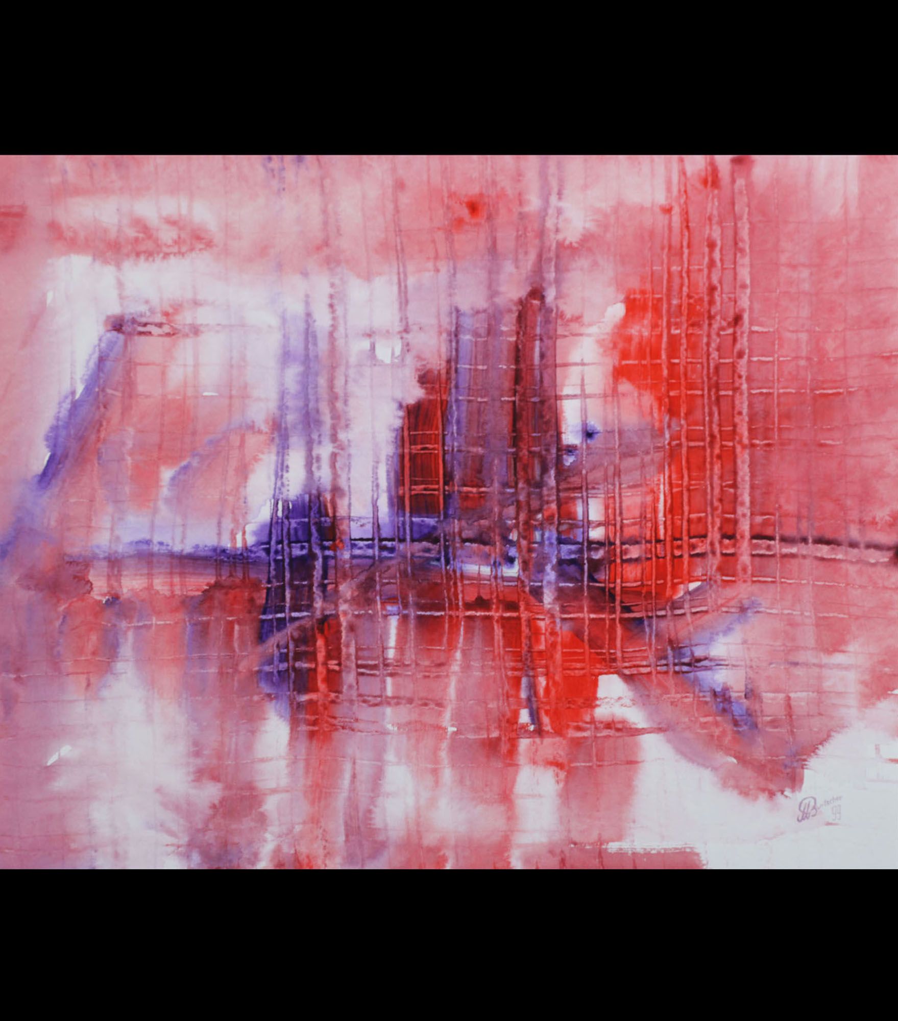 Eine Nahaufnahme eines rot-blauen abstrakten Gemäldes