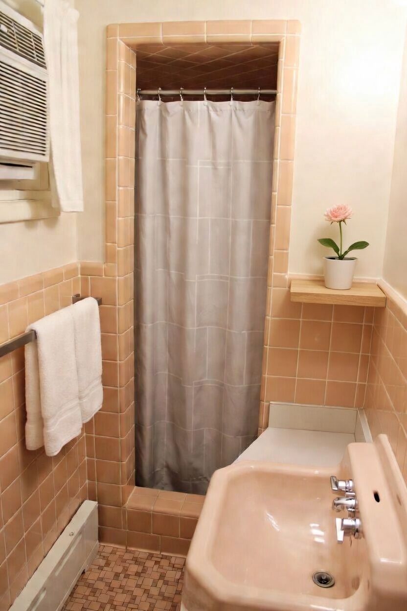 Small bathroom with a shower curtain, white towel, tan tile, sink, and a pink flower on the ledge