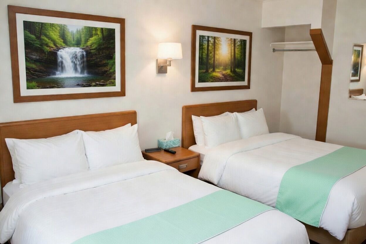 Hotel room with two double beds, framed landscape art, and warm wall lights