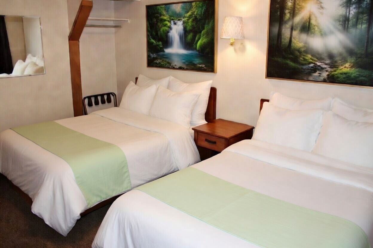 Two neatly made twin beds in a bright room with waterfall artwork and a bedside table