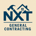 Logo for NXT General Contracting. Navy blue text and house silhouette, hammer. Tan background.
