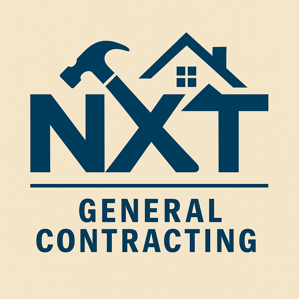 Logo for NXT General Contracting. Navy blue text and house silhouette, hammer. Tan background.