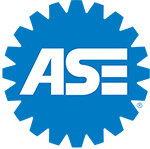 The ase certified logo is blue and white with a gear in the middle.