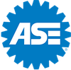 The ase certified logo is blue and white with a gear in the middle.