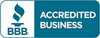 The bbb logo is blue and white and says accredited business.