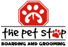 a logo for the pet stop boarding and grooming