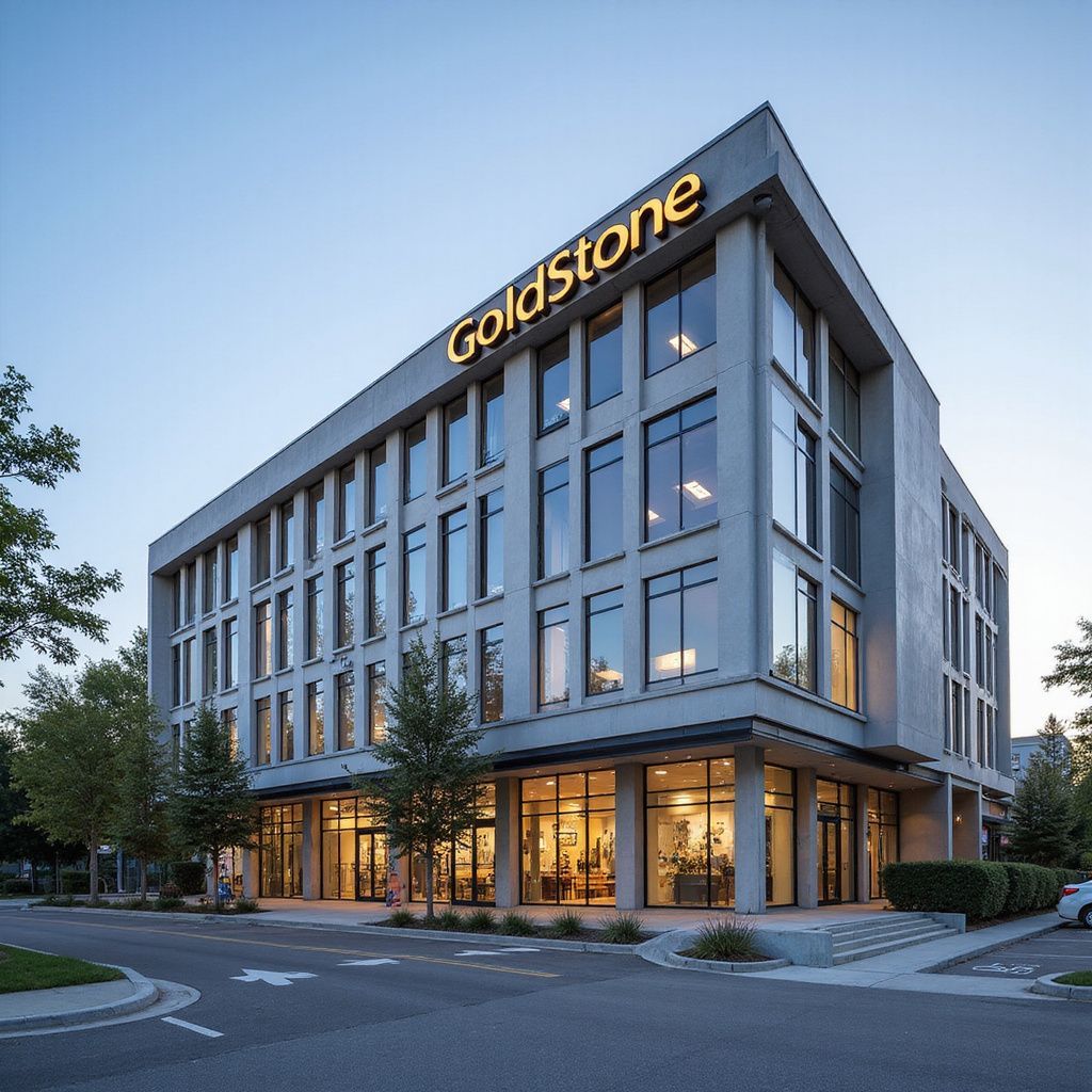 Gray Goldstone office building with large windows and sign.