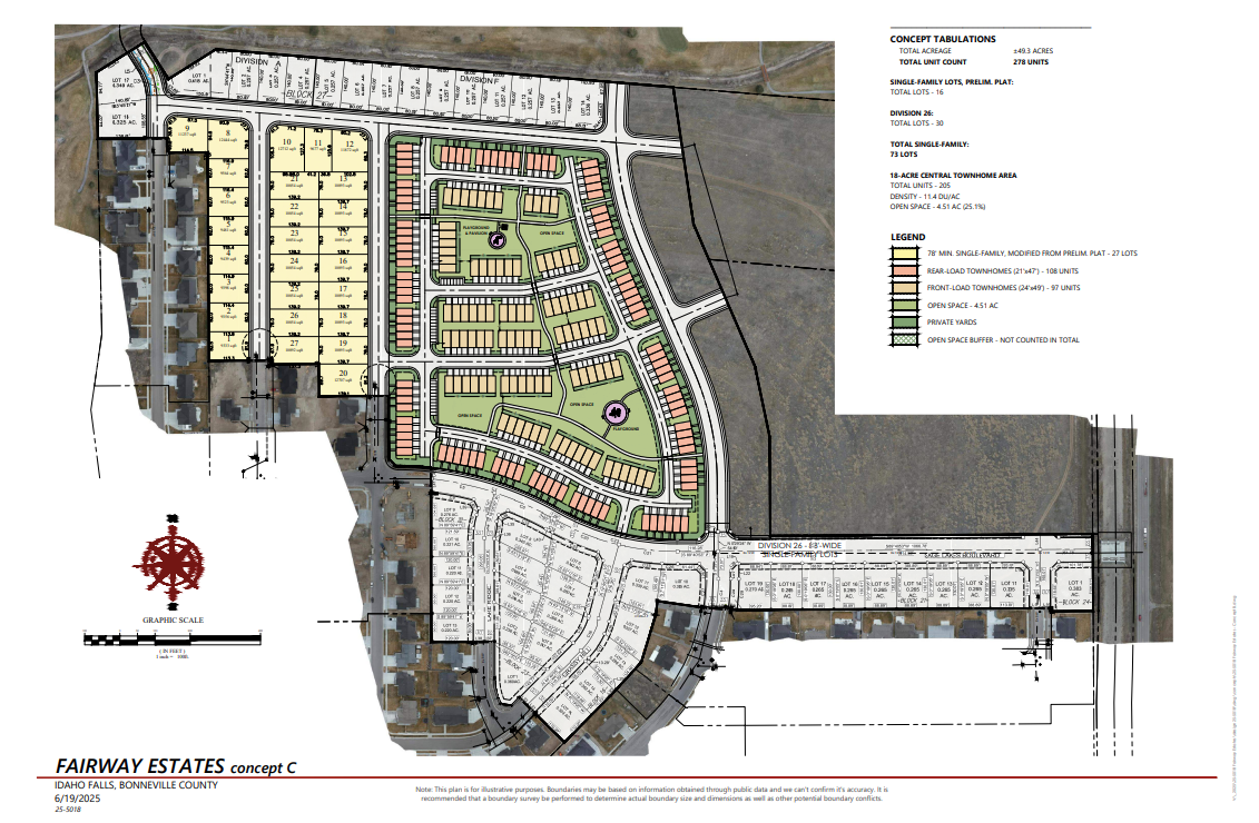 Plan view of a residential development with colored blocks for different building types and green spaces.