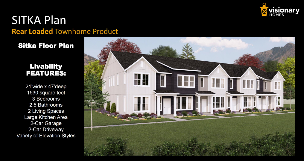A row of townhomes with a mountain backdrop; Sitka floor plan by Visionary Homes.