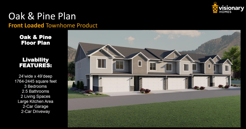 Oak & Pine townhomes rendering: gray siding, front-loaded garages, and a mountain backdrop.