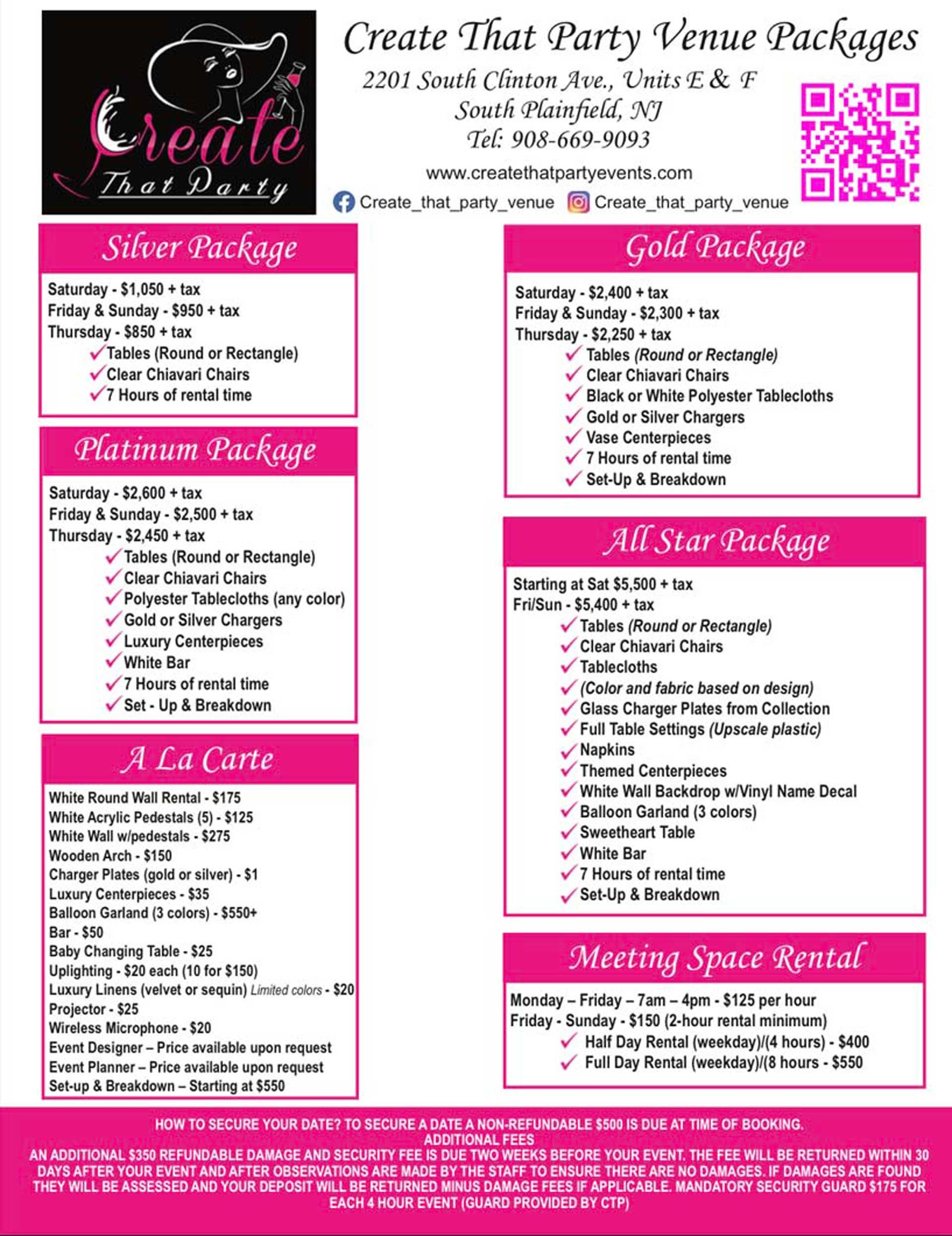 A pink and white flyer with a list of party packages