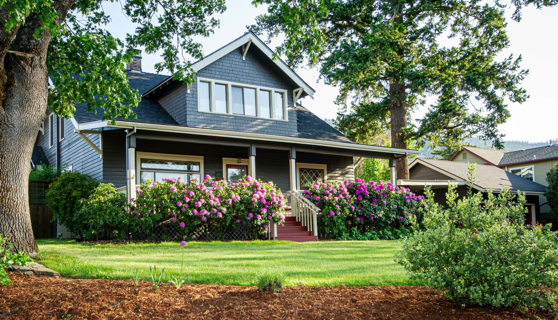 A large house with a large lawn and a tree in front of it.