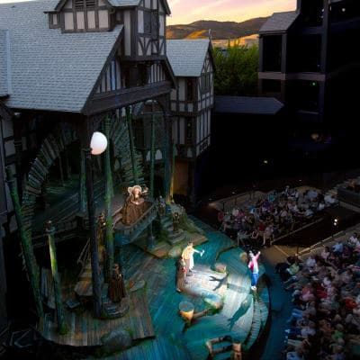 An aerial view of a stage set for a play.