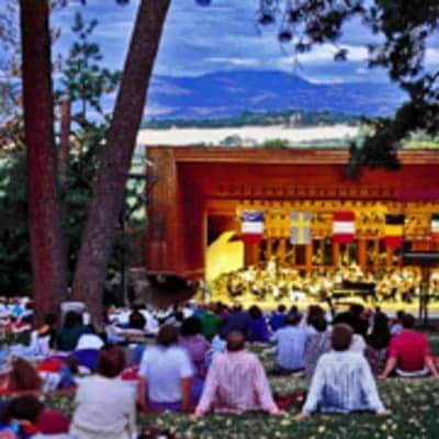 A group of people are sitting in the grass watching a concert.