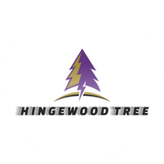 A logo for hingewood tree with a purple pine tree and lightning bolt