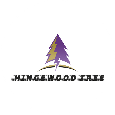 A logo for hingewood tree with a purple pine tree and lightning bolt