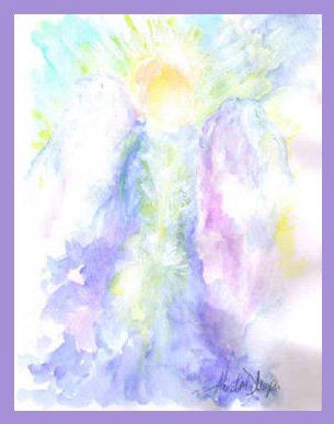 it is a watercolor painting of an angel with a purple frame  by Angie Demuro