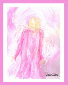 a painting of an angel in a pink dress on a pink background by Angie Demuro