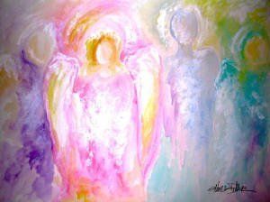 it is a painting of three angels in different colors by Angie Demuro