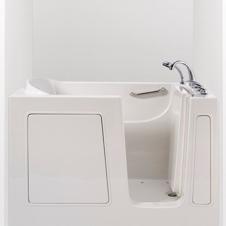 A white walk in tub with a door open and a faucet. A white walk in tub with a door open and a faucet.