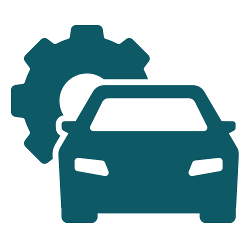 Teal car icon with gear, representing vehicle maintenance.