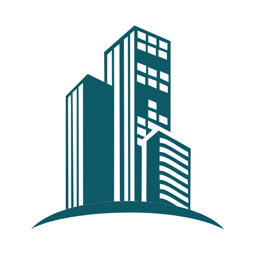 Teal stylized building silhouettes on a curved base, suggesting urban development.