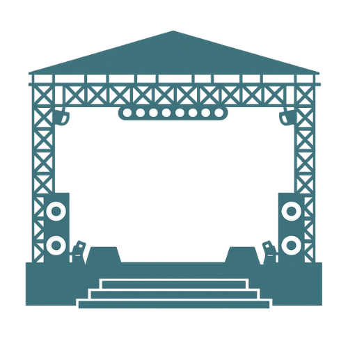 Teal illustration of an outdoor concert stage with lighting, speakers, and steps.