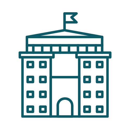 Teal outline of a building with a flag on top.