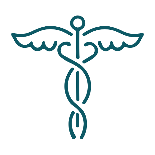 Caduceus symbol, teal, with wings and entwined snakes on a staff.