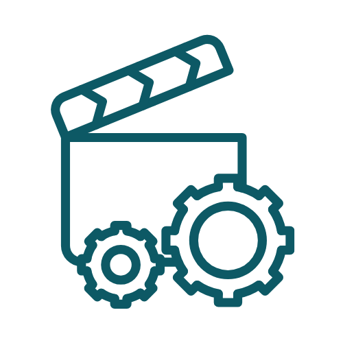 Clapperboard with gears, representing video production processes.