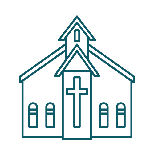 Outline of a church building with a cross.