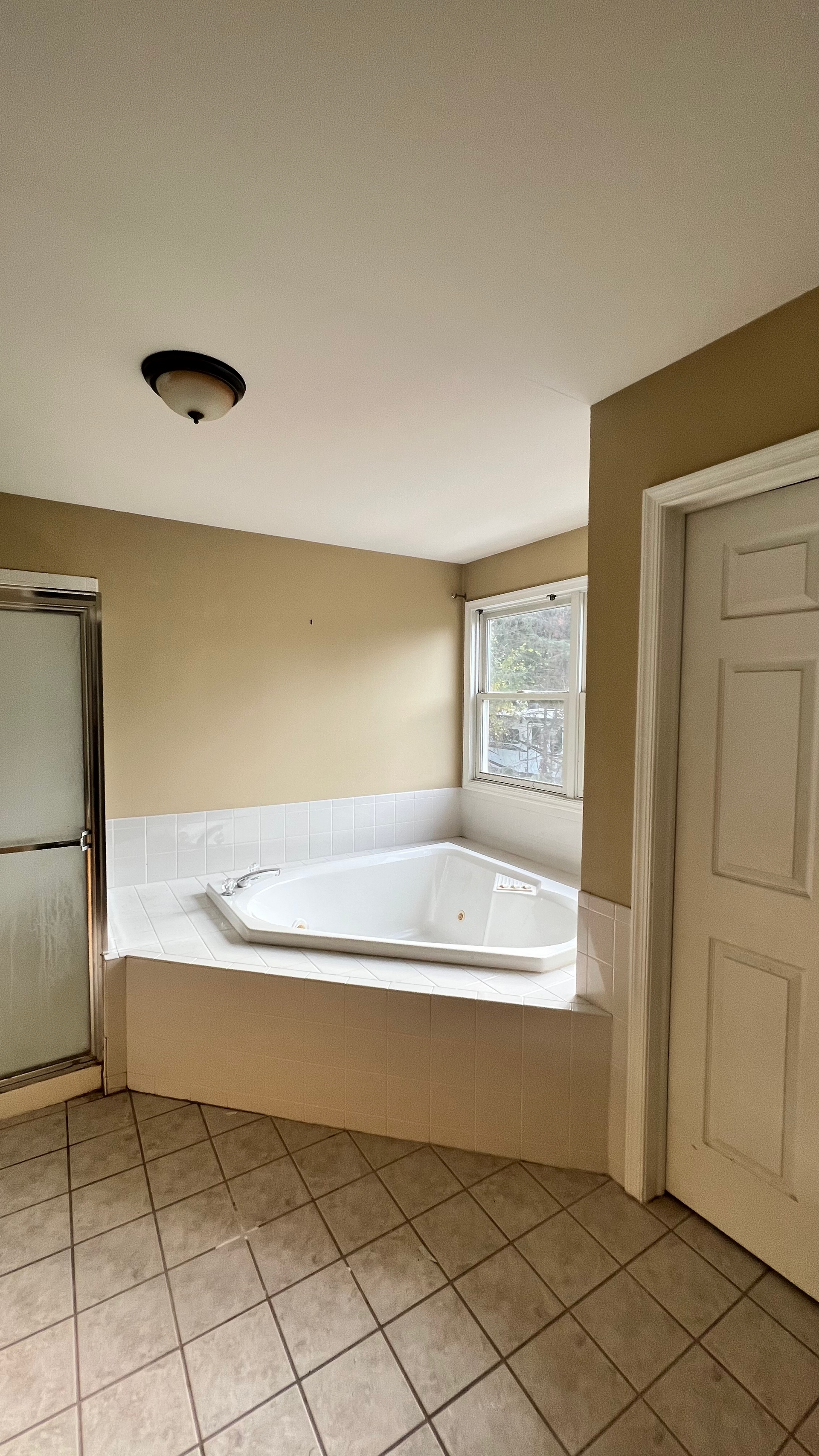 A bathroom with a jacuzzi tub and a window.
