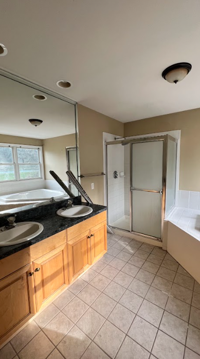 A bathroom with two sinks and a walk in shower.