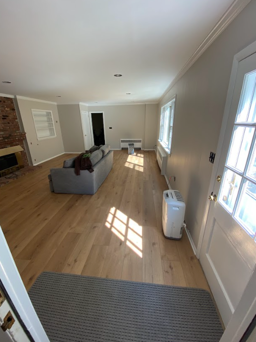 A living room with hardwood floors , a couch , and a fireplace.