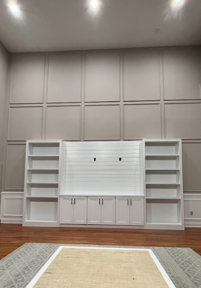 A living room with white cabinets and shelves and a rug