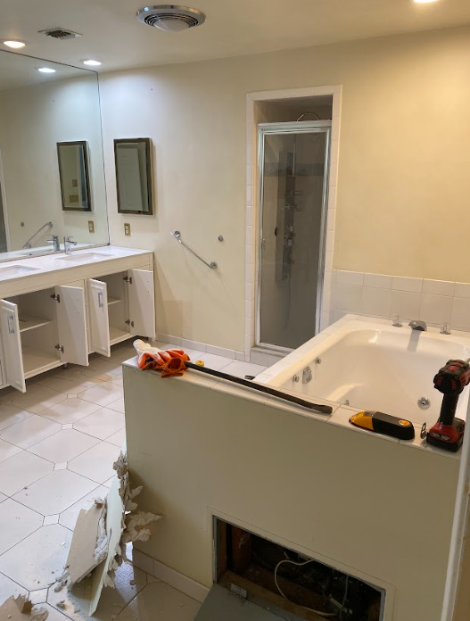 A bathroom with two sinks and a jacuzzi tub