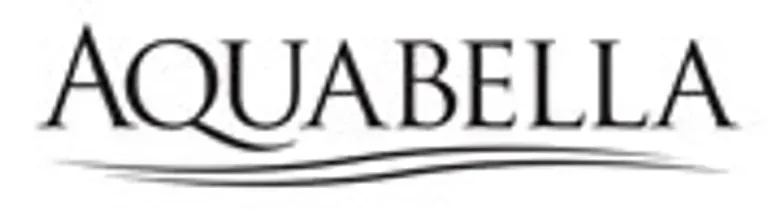 A black and white logo for aquabella with a wave in the background.