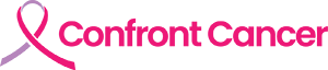 A logo for confront cancer with a pink ribbon
