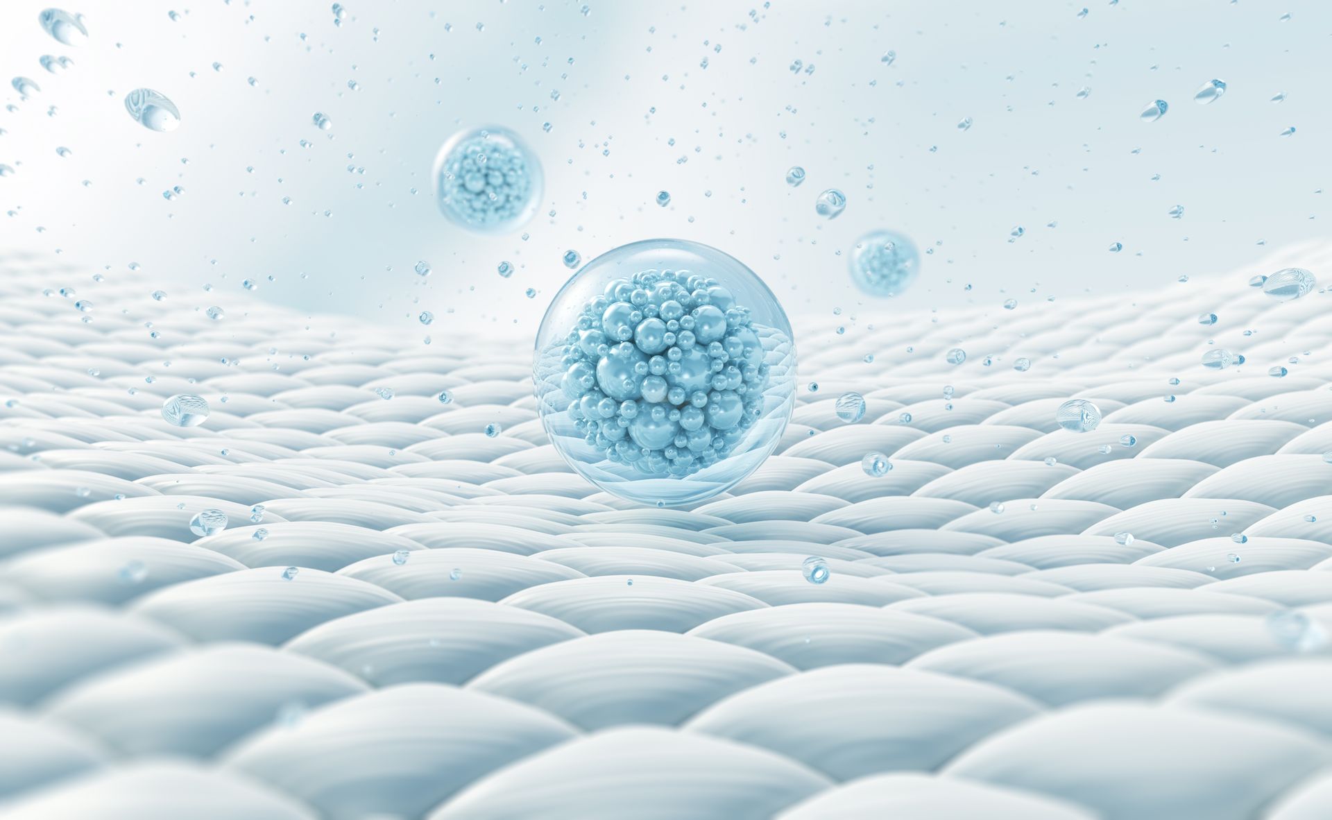 3D render of blue molecule-like spheres on a smooth layered surface