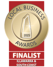 Local Business Awards Finalist badge. Gold seal, red background. Illawarra & South Coast region, 2025.