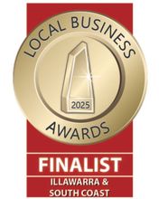 Local Business Awards Finalist badge. Gold seal, red background. Illawarra & South Coast region, 2025.