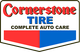 Cornerstone Tire complete auto care logo with red, blue, and black shield design