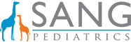 A logo for sang pediatrics with a giraffe on it.