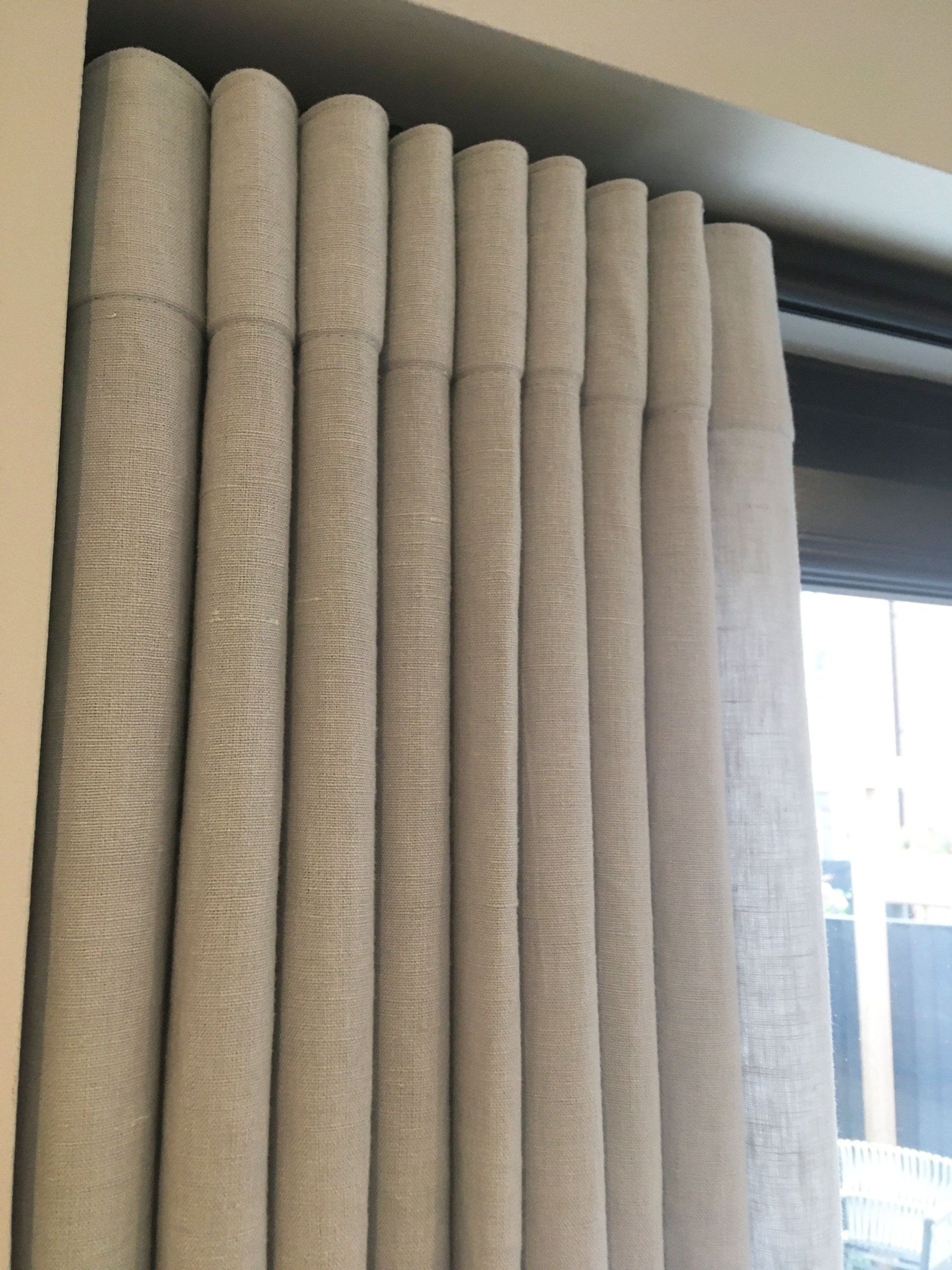 A close up of a row of curtains on a window