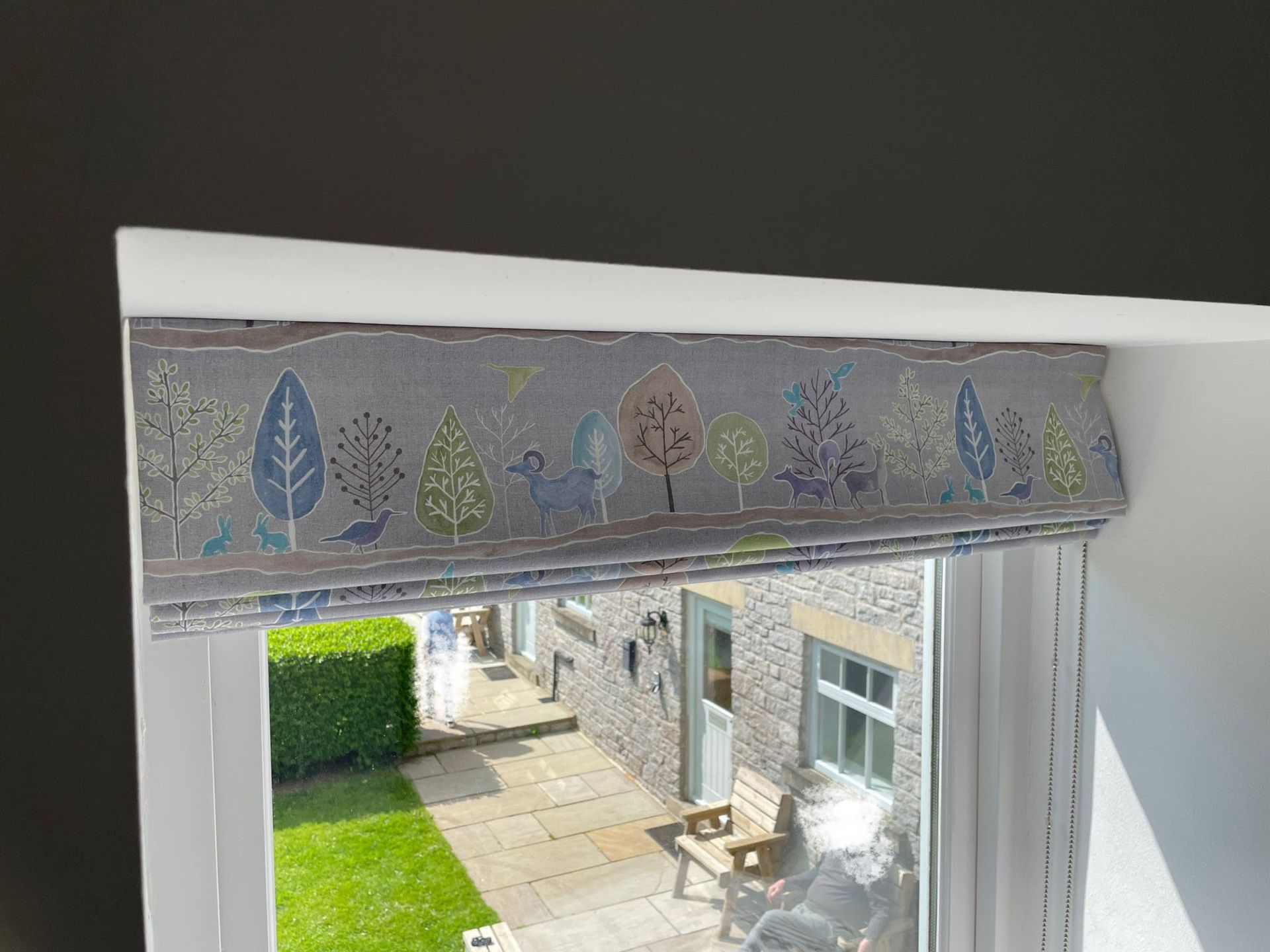 A window with a roman shade on it and a view of a house.